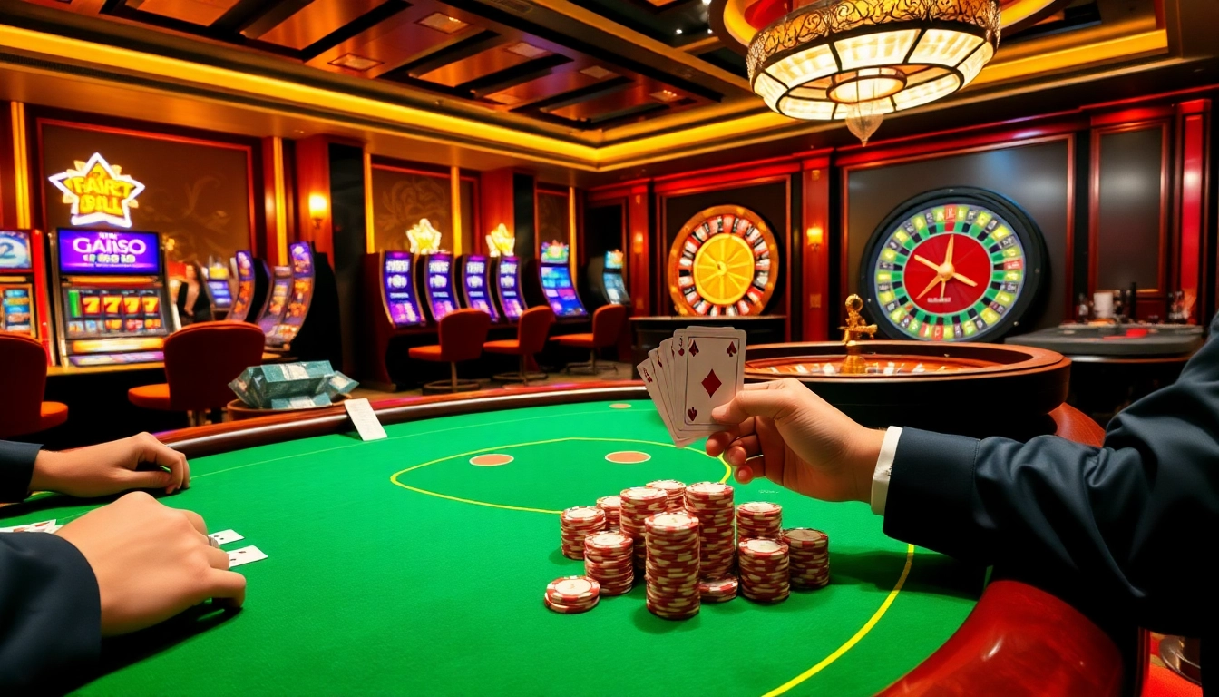 Experience the excitement of fa88 with players at a poker table and vibrant casino elements.