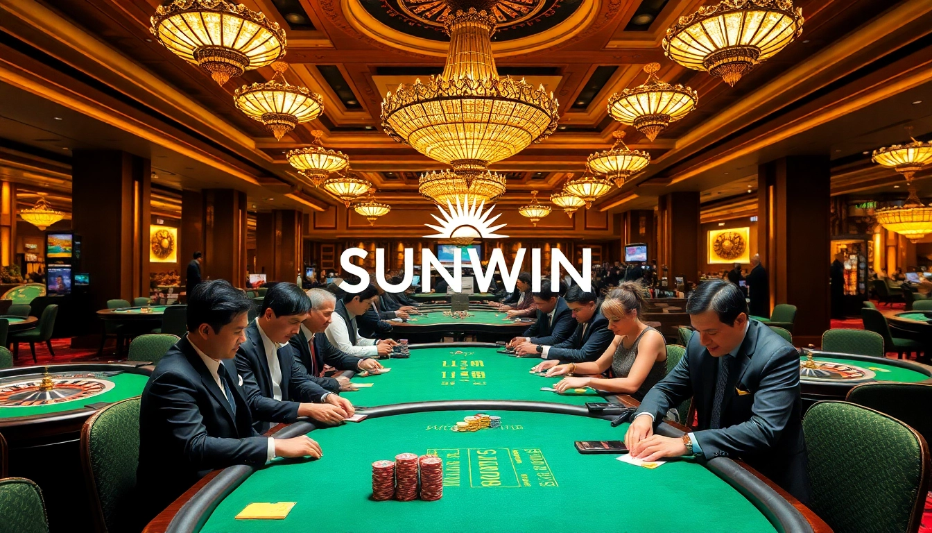 Engaging poker players enjoy a lively game at a SUNWIN casino, surrounded by luxury.