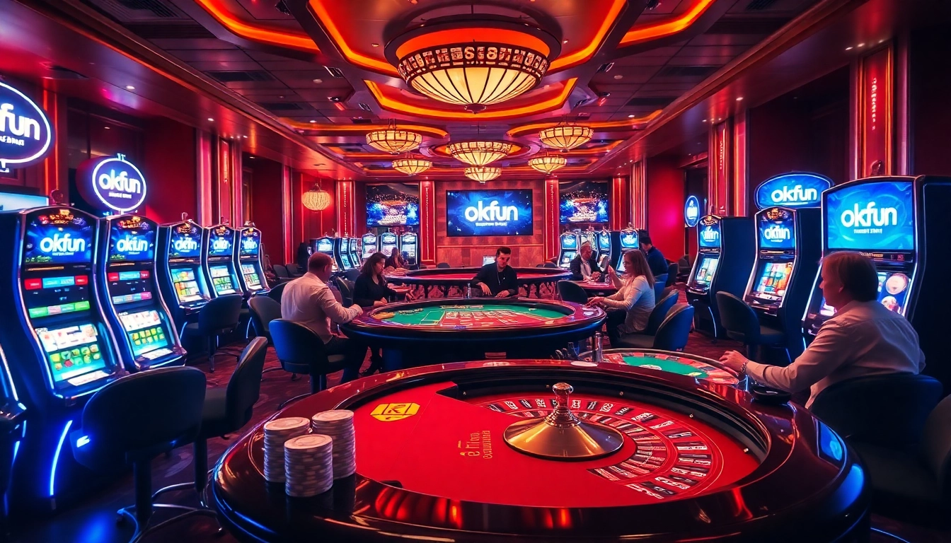 Exciting scene showcasing players at the casino, experiencing thrilling games of poker and roulette at okfun.