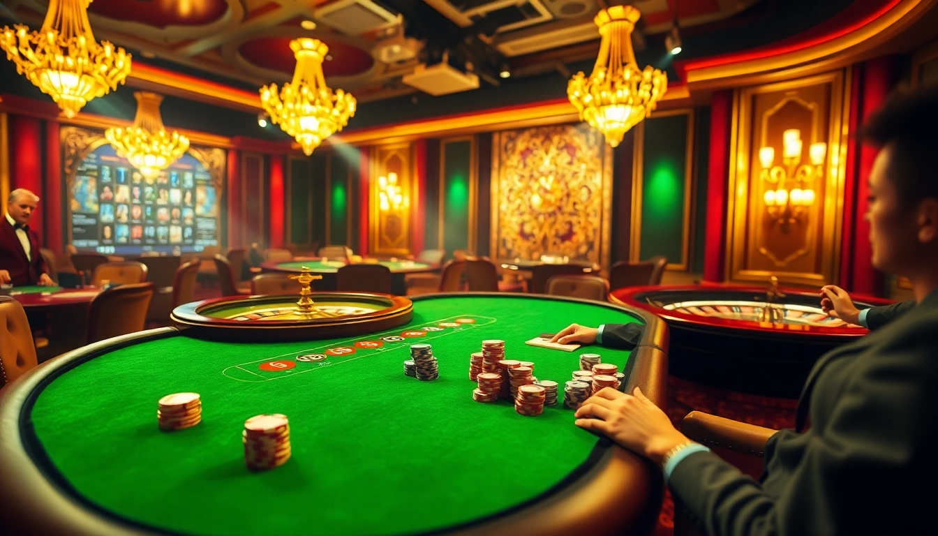Players strategizing at a vibrant poker table in a luxurious casino, highlighting 88i gaming elements.