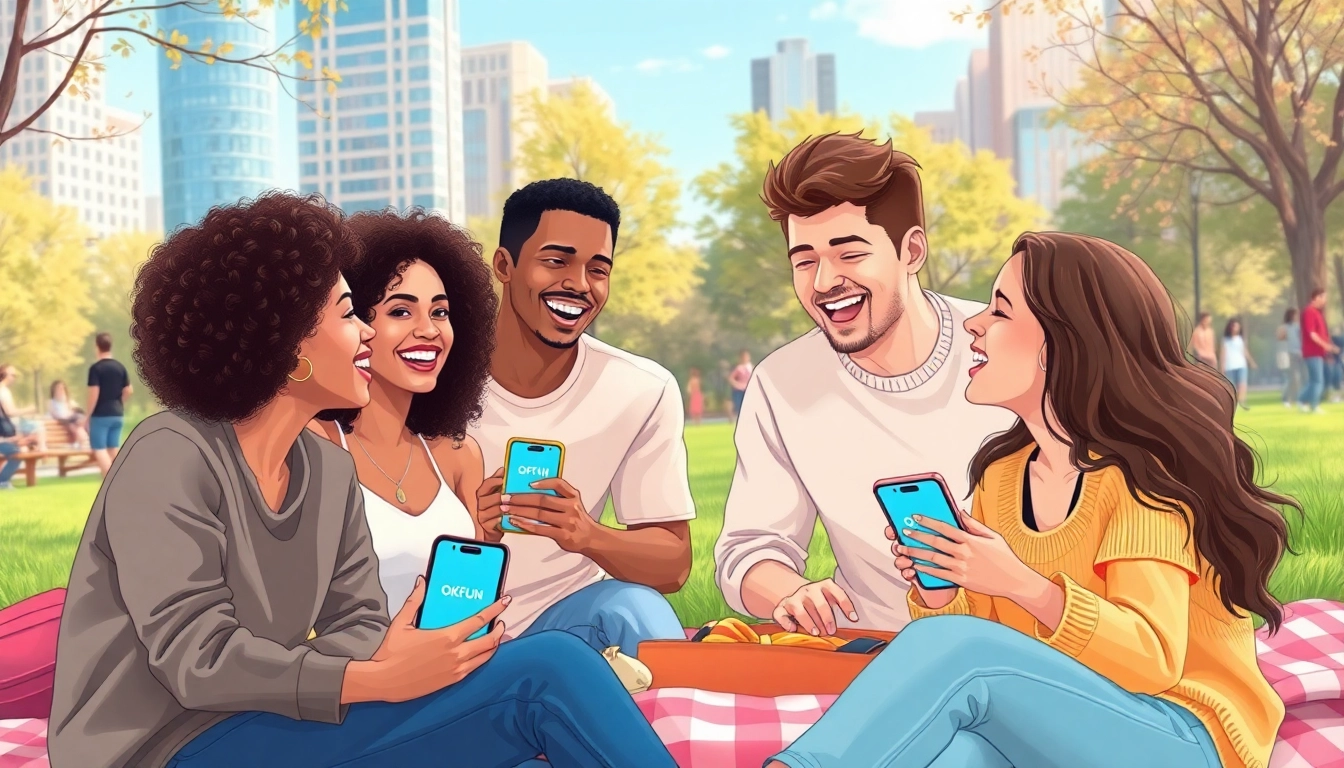 Engaging scene of diverse singles and couples enjoying a sunny day while using the OKFUN dating app in a park.