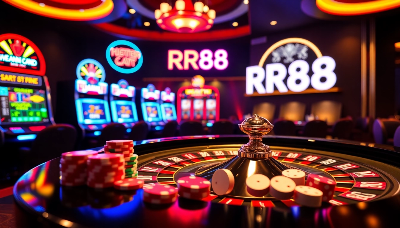 Experience the excitement of RR88 at a luxurious casino featuring roulette and slot machines.