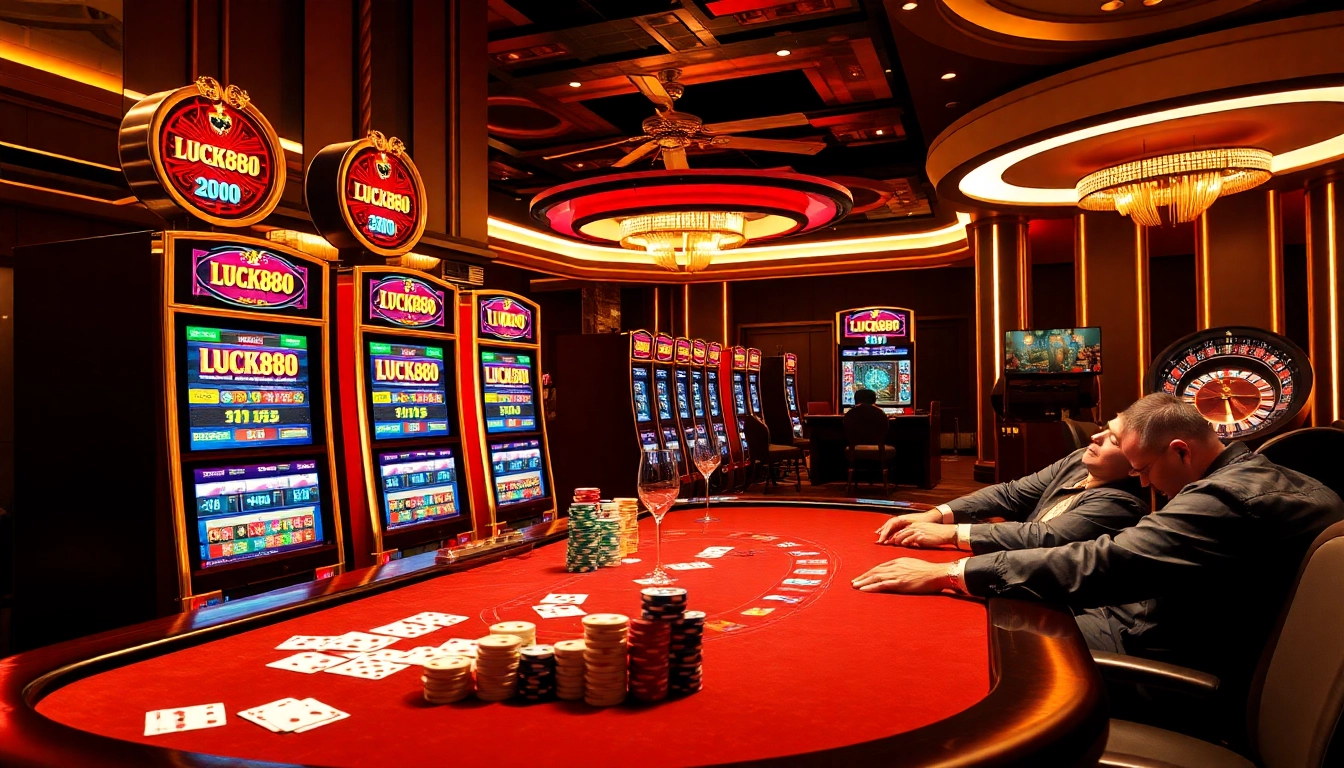 LUCK888 slot machines and poker table highlight a thrilling casino atmosphere.