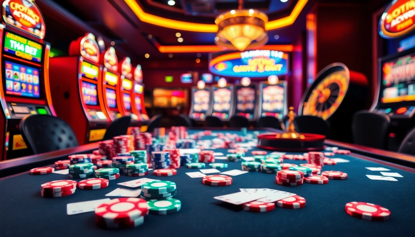 The vibrant atmosphere of a casino featuring thrilling games like poker and slots as players engage with 'tha bet' excitement.