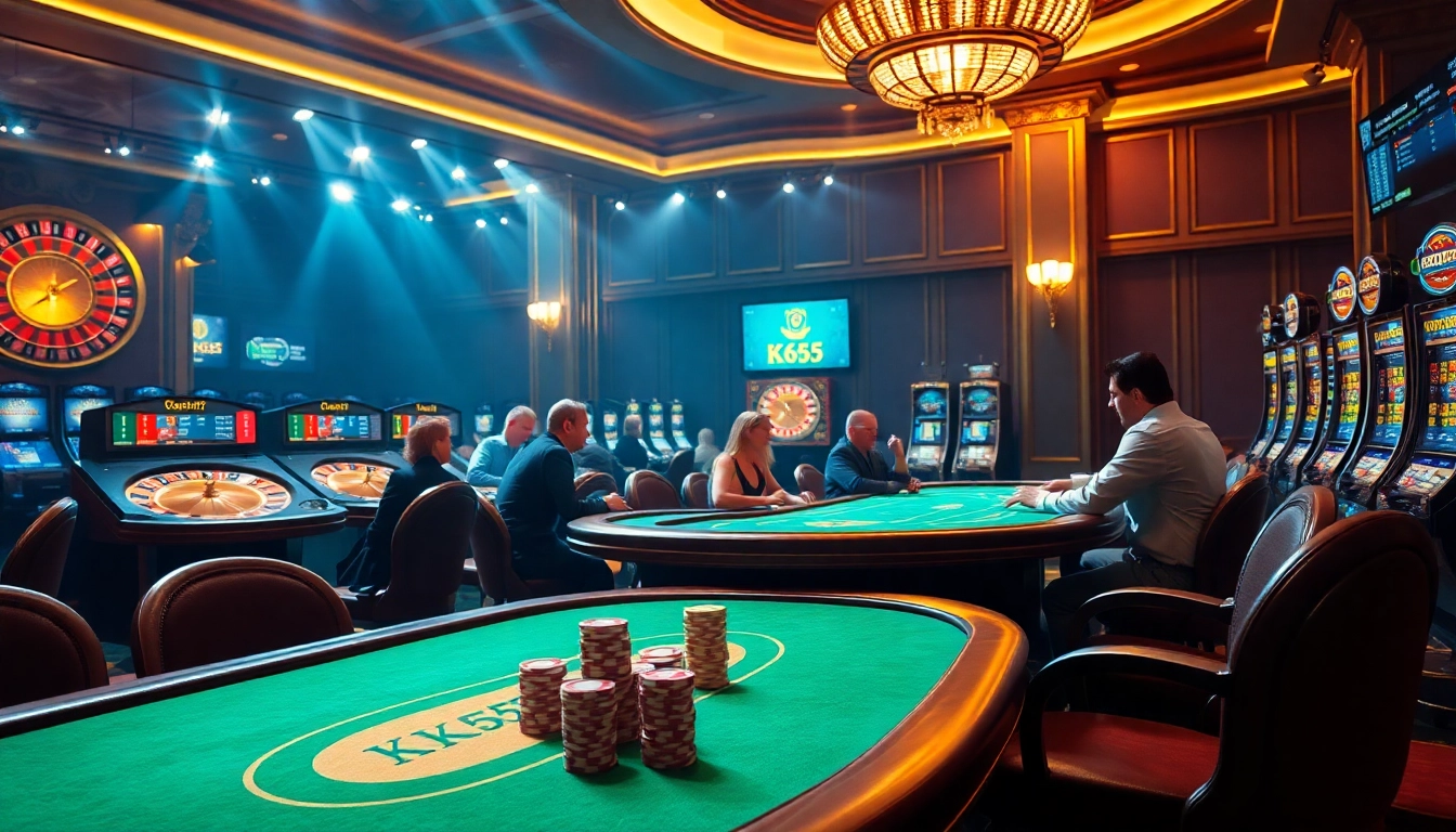 Players engaged in a high-stakes game of KK55 at a luxurious casino table, surrounded by flashing slot machines.