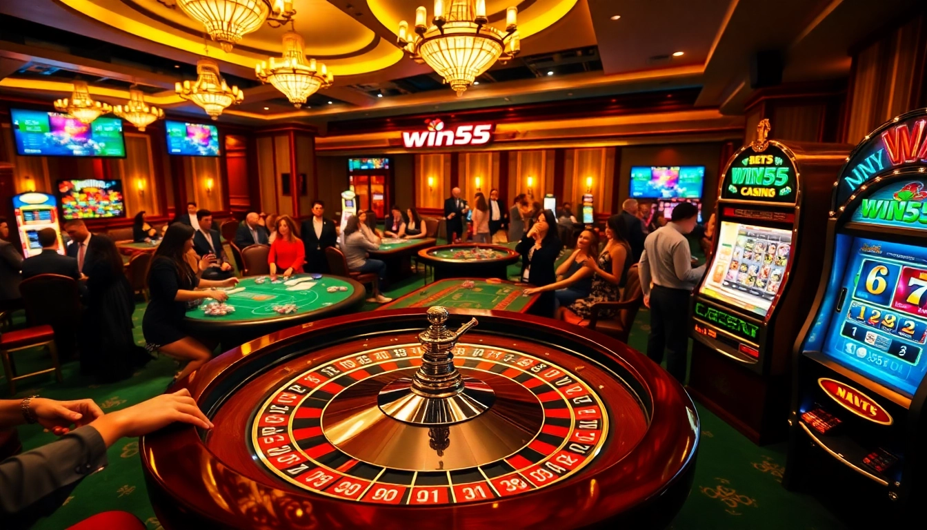 Experience the thrill of win55 at a vibrant casino with roulette, poker chips, and slot machines.