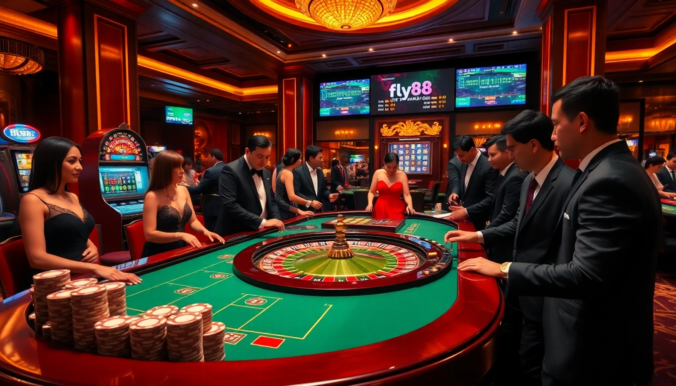 Players enjoying a thrilling game at FLY88's luxurious casino scene.