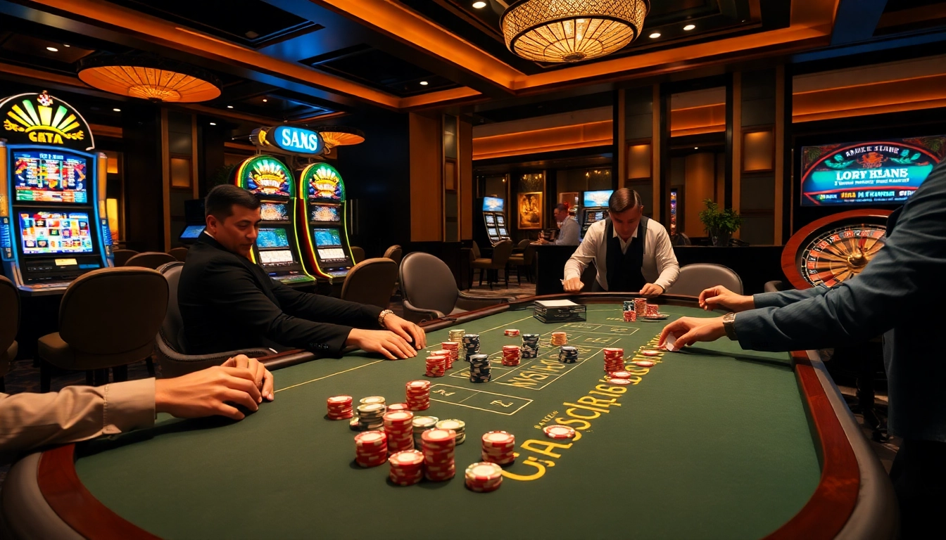 Players in an upscale casino enjoying poker and gaming excitement at https://nk88net.com/.