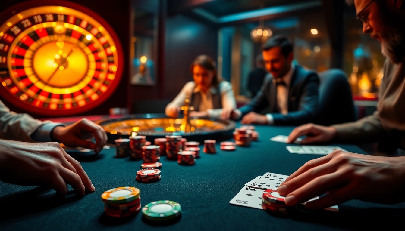 Poker players strategy gaming at b52club with vibrant chips and cards.