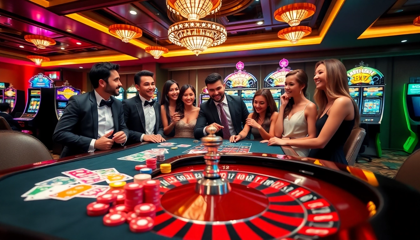 Engaging players enjoying games at Fb88 casino, showcasing vibrant chips and cards.
