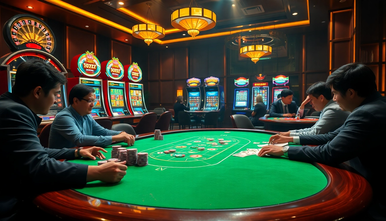 Exciting casino scene highlighting poker table strategy and vibrant XX88 gambling atmosphere.