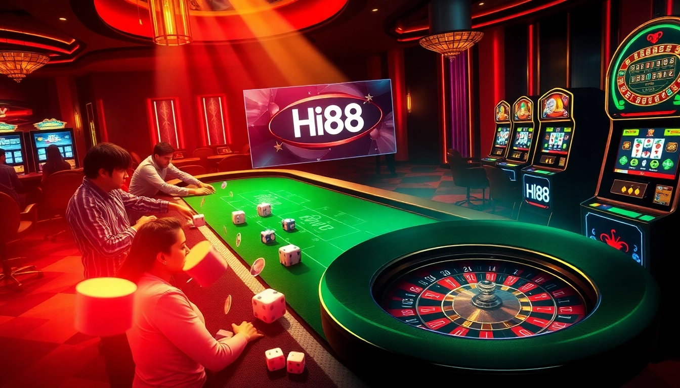 Experience the thrill of Hi88 at a vibrant casino table surrounded by eager gamblers.