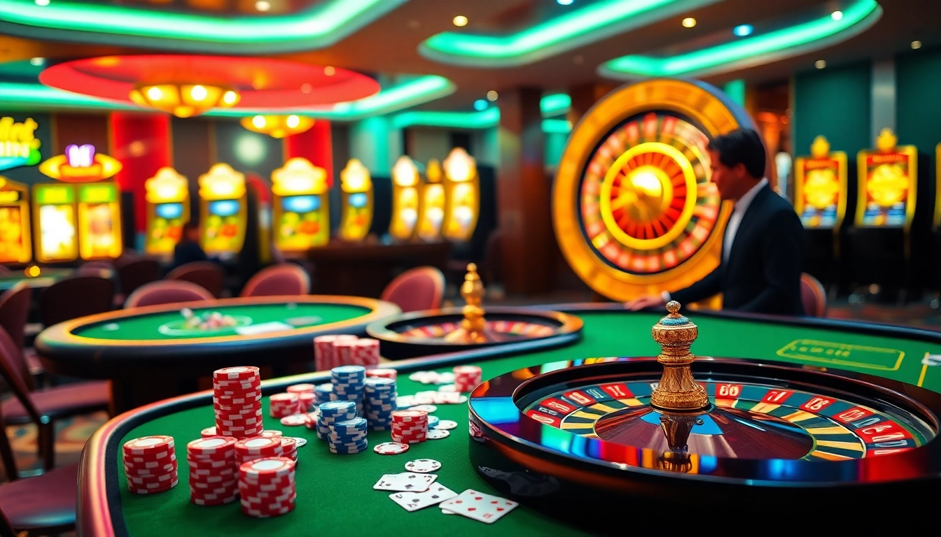 Exciting online gambling experience at https://sunwin.builders/ featuring casino tables and vibrant slot machines.