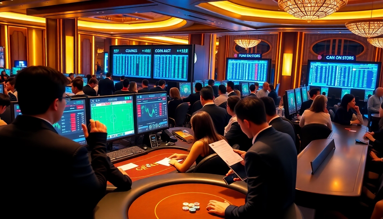 Engaging gamblers analyzing kèo bóng đá 88 at a luxurious casino betting counter.