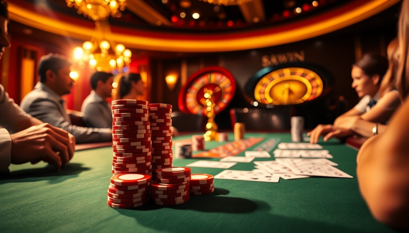 Players experiencing the thrilling atmosphere of 58win at a lavish poker table, surrounded by chips and cards.