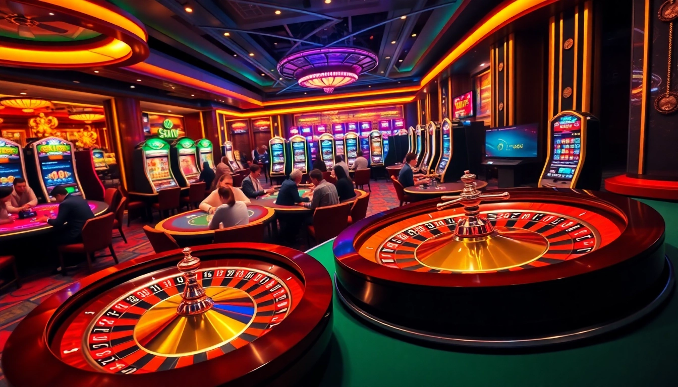 Experience the thrill of gambling at Trang chủ 789F with a vibrant casino scene, featuring tables and slot machines.