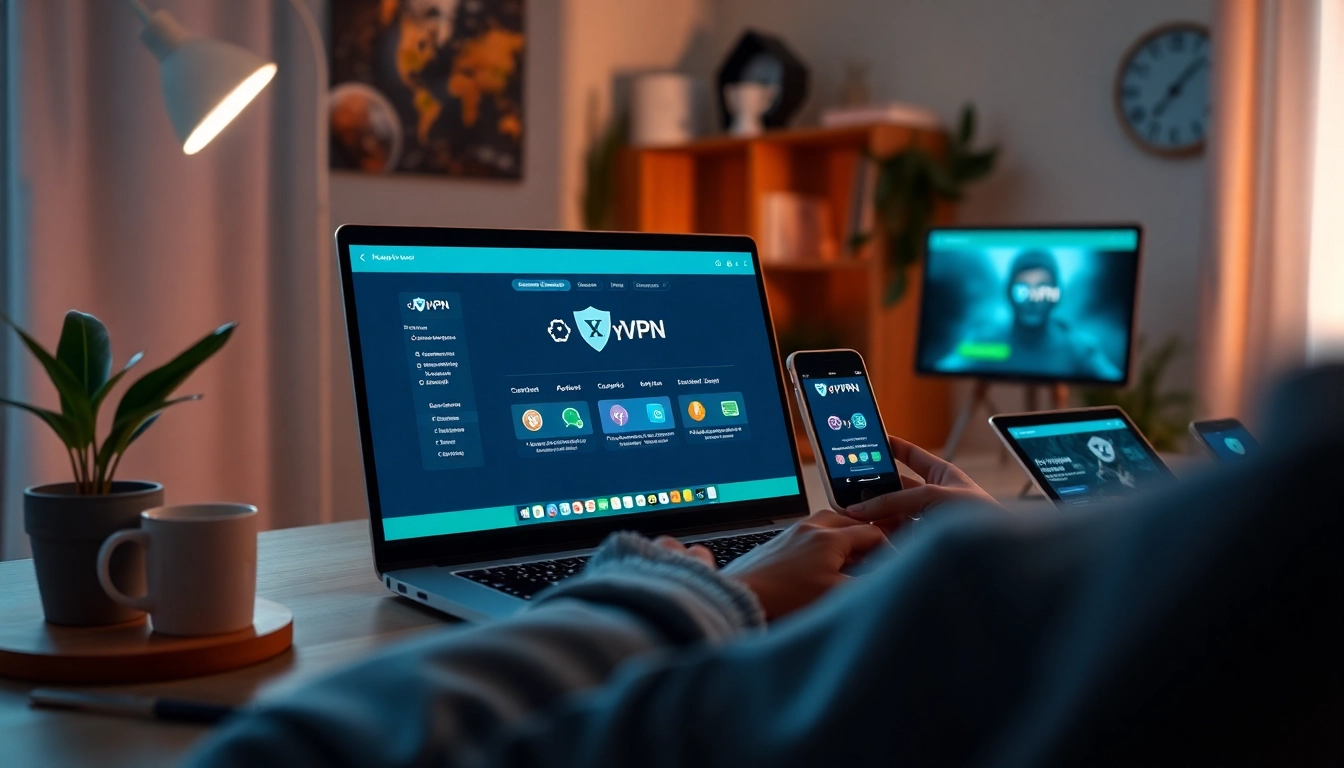 在现代家庭办公室场景中，多设备显示的快连VPN用户界面，展示无缝连接与在线隐私。