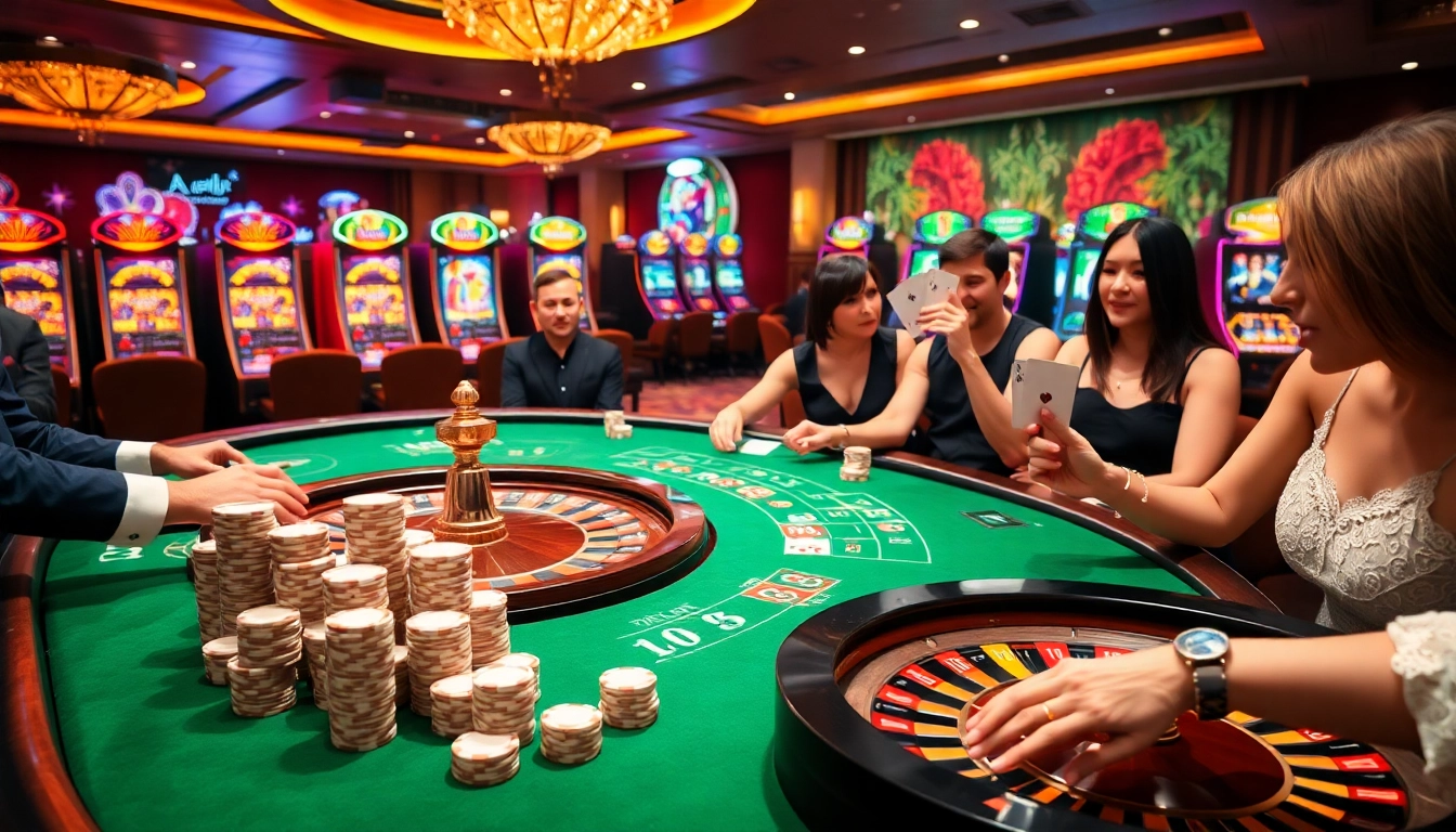 Cảnh casino hấp dẫn tại https://luck8.com với người chơi, chip poker và sự phấn khích của trò roulette.