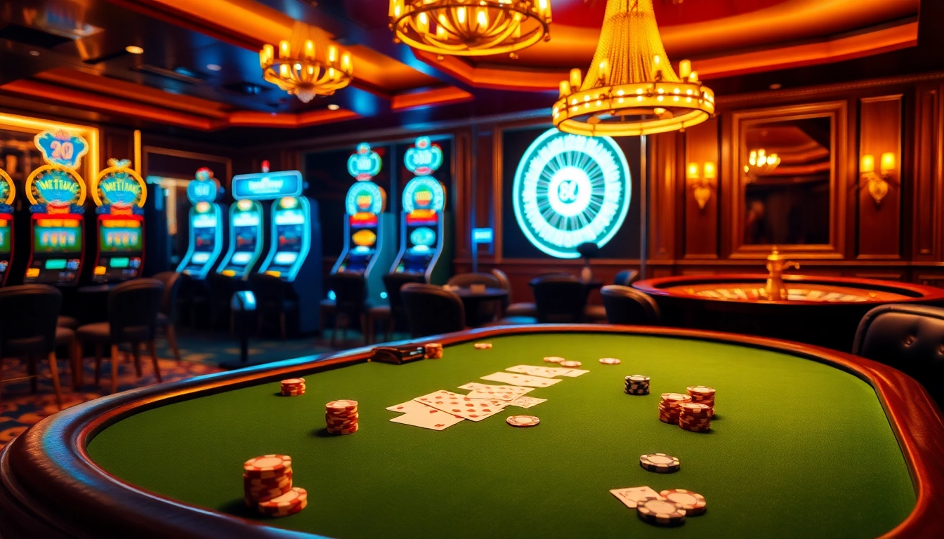 Experience the thrill of 88vv with a vibrant casino atmosphere featuring poker tables and roulette wheels.