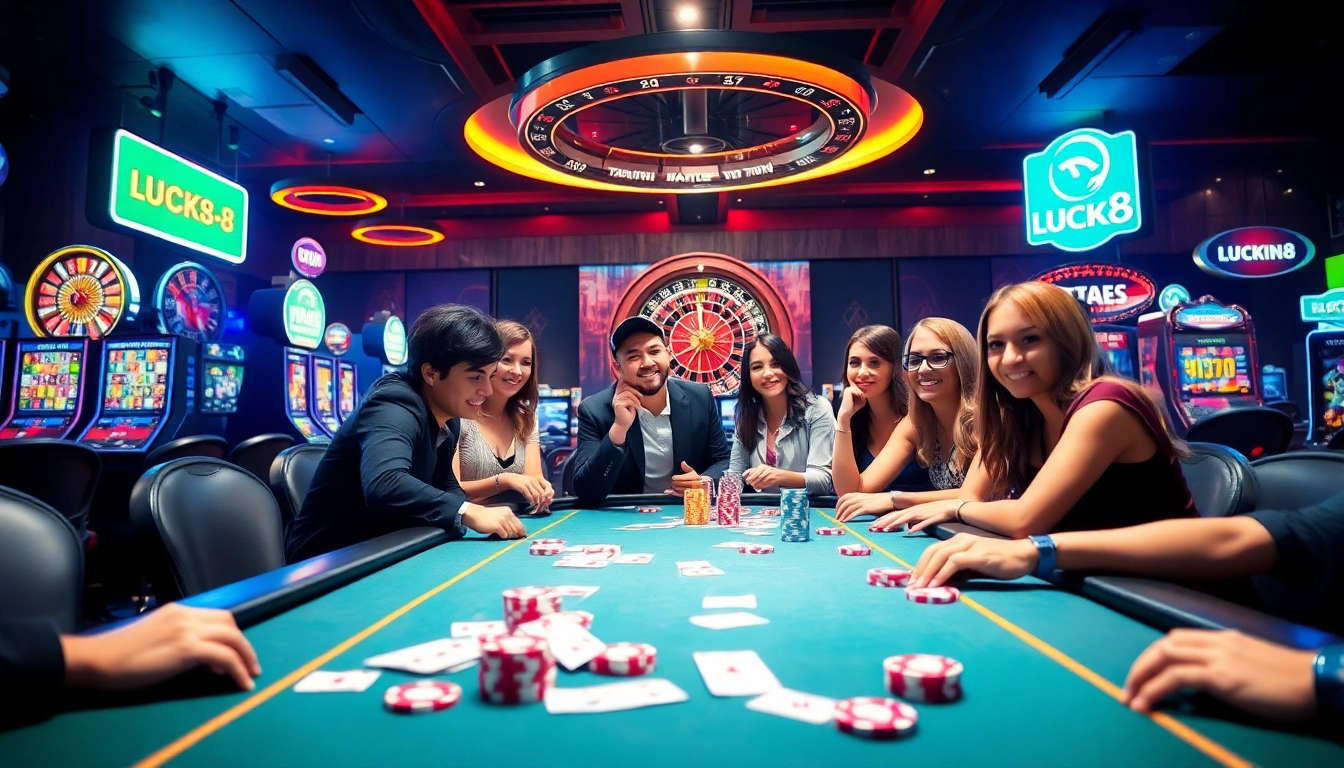 Cảnh casino đầy náo nhiệt hiển thị LUCK8 với những bàn chơi sôi động và những người chơi háo hức.