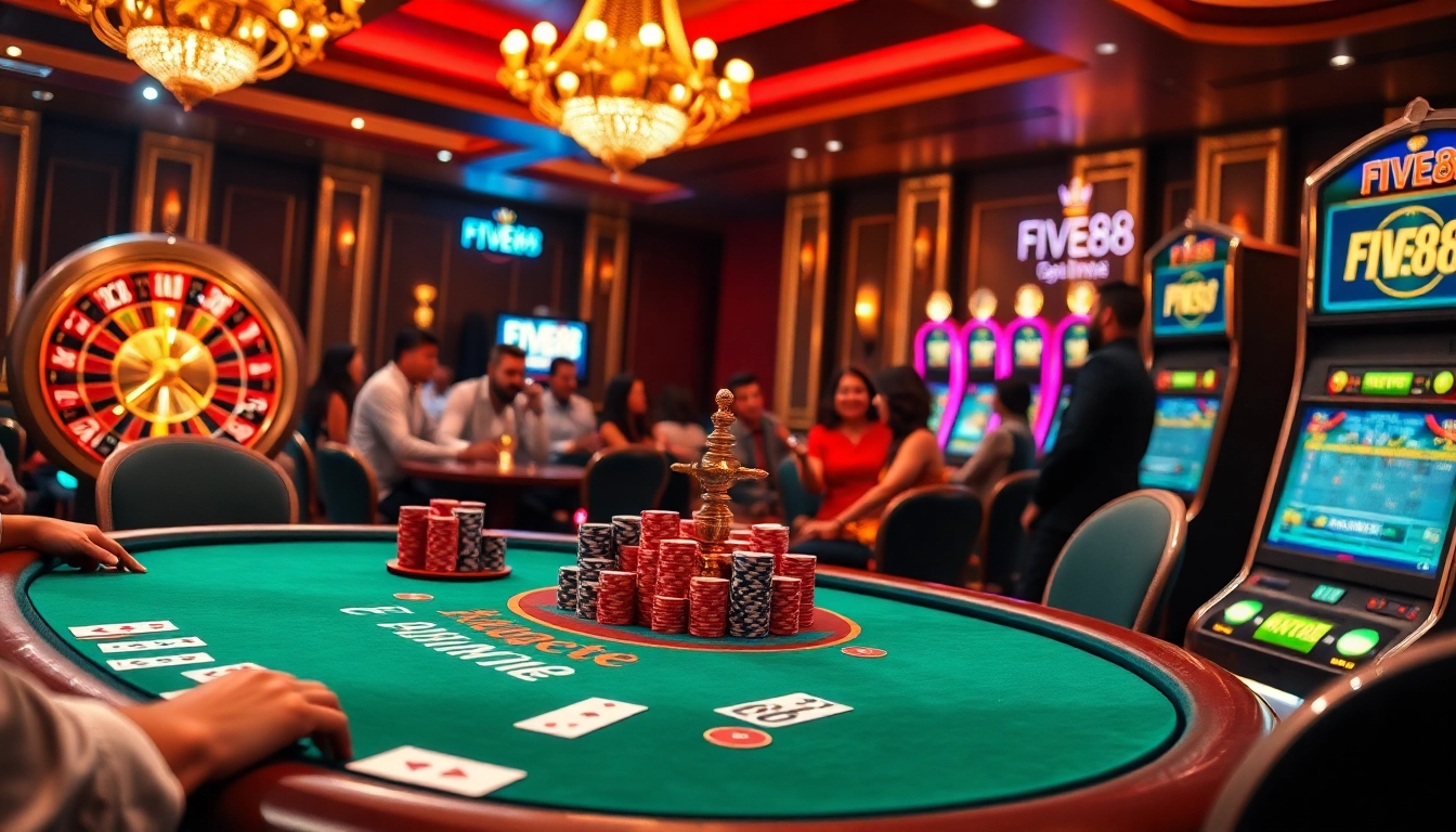 Experience the excitement of FIVE88 at a luxurious poker table with vibrant chips and cards.