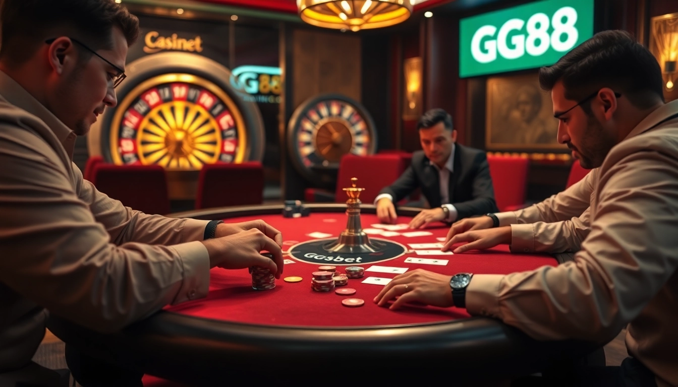 GG88 players strategizing at a high-stakes poker table in an upscale casino.