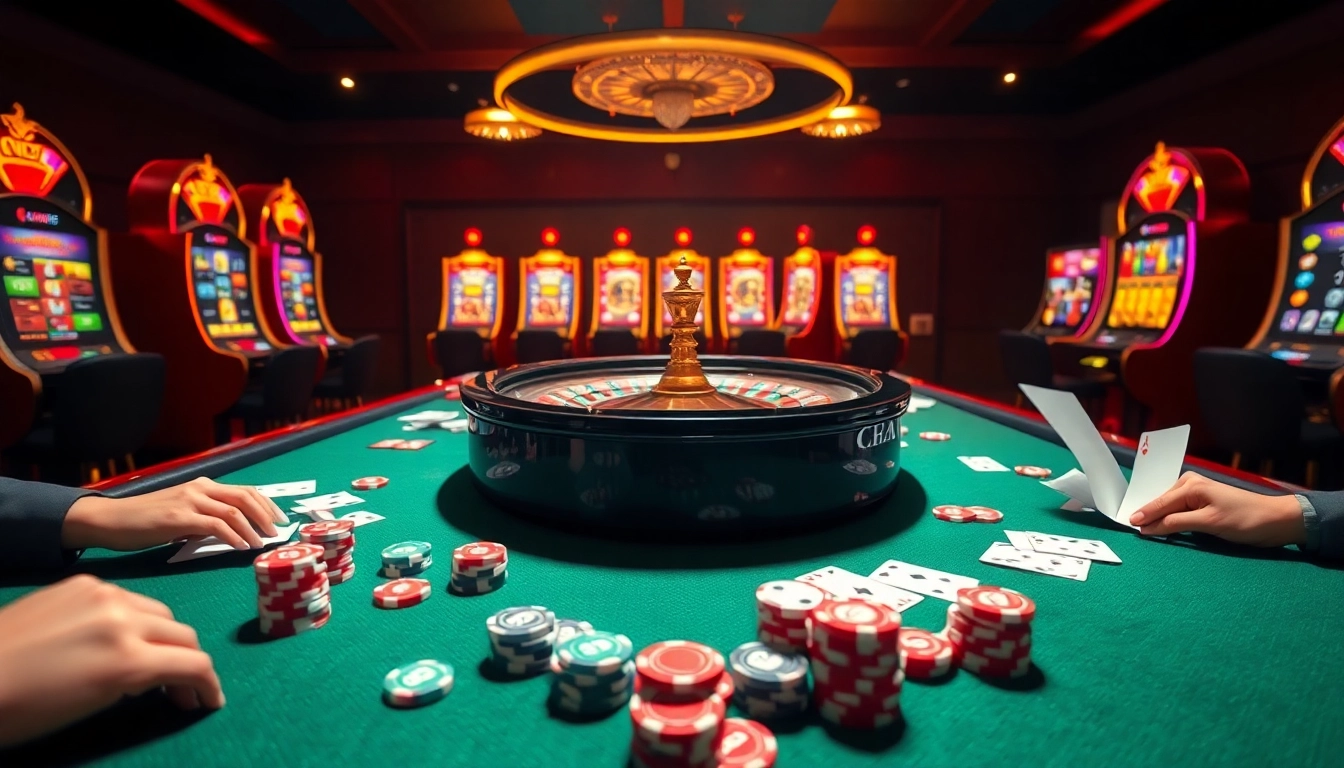 Experience thrilling gameplay at Trang chủ LC88 with vibrant casino elements like poker chips and roulette wheel.