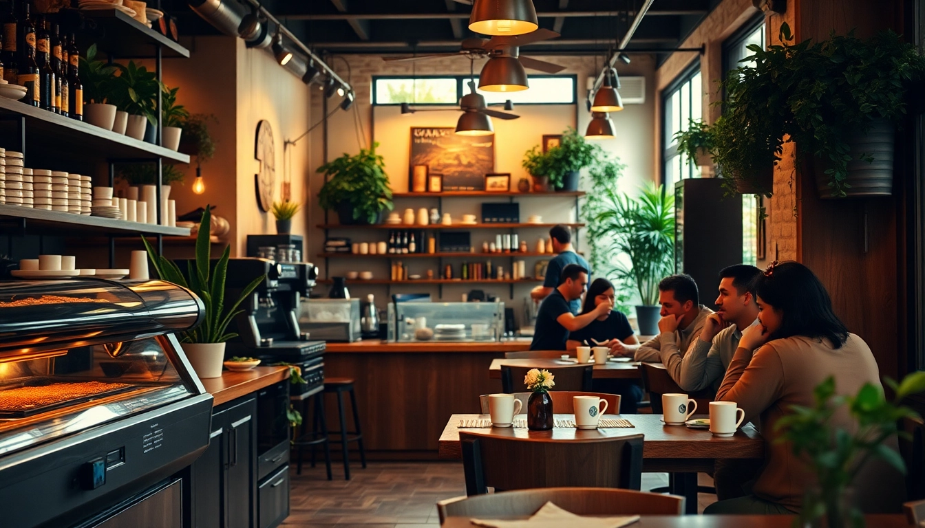 Kaffeetrinken im Coffee Shop Verband Lloret de Mar, gemütliche Atmosphäre mit warmem Licht.