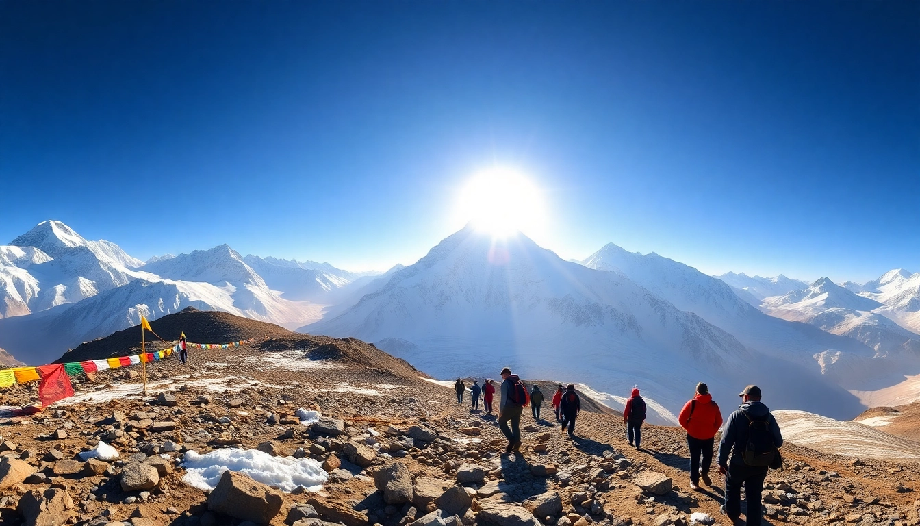 Everest base camp with trekkers and snow-capped peaks at sunrise, showcasing adventure and beauty.