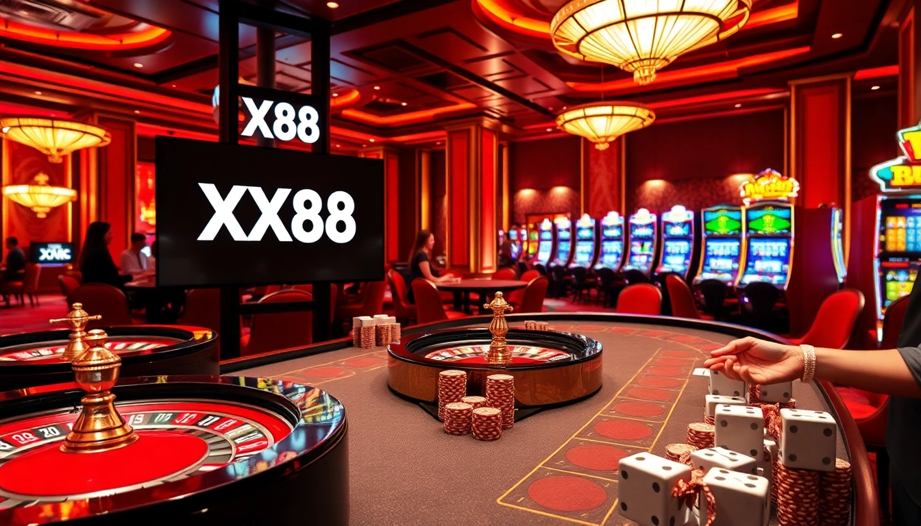 Gambling scene showcasing a lively casino table with the logo XX88 and engaged players, emphasizing excitement.