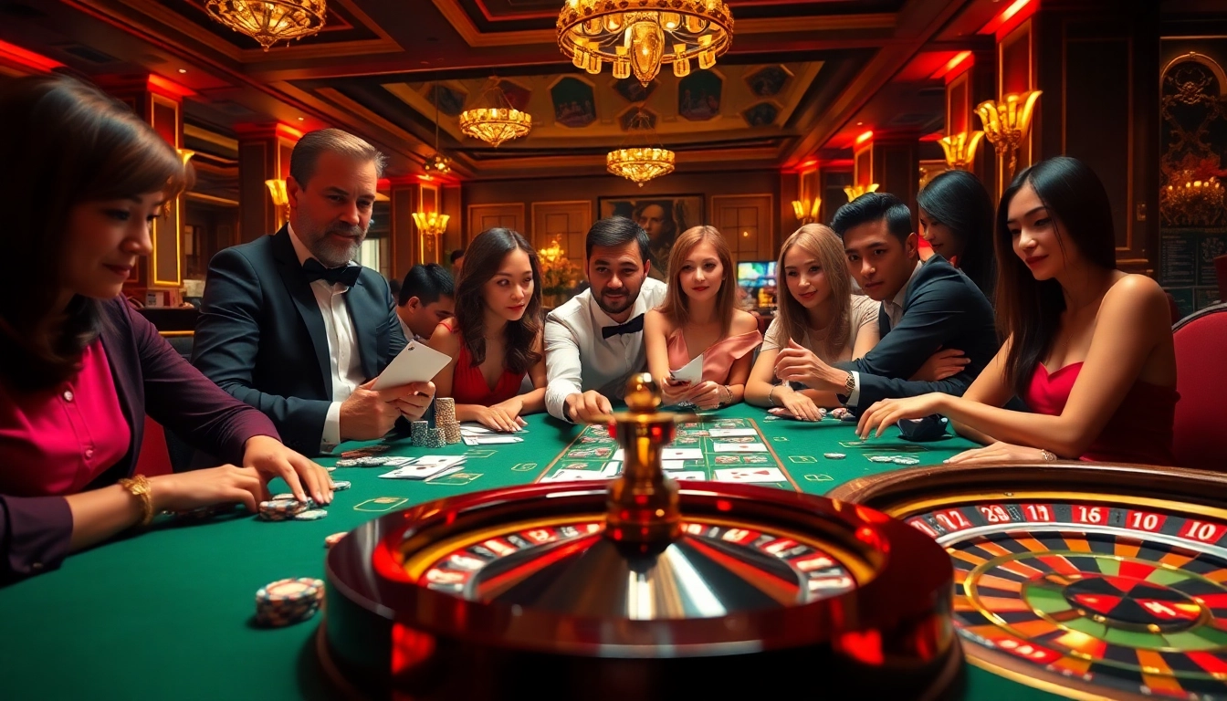 Engaging scene of players enjoying game bài đổi thưởng in a luxurious casino atmosphere.