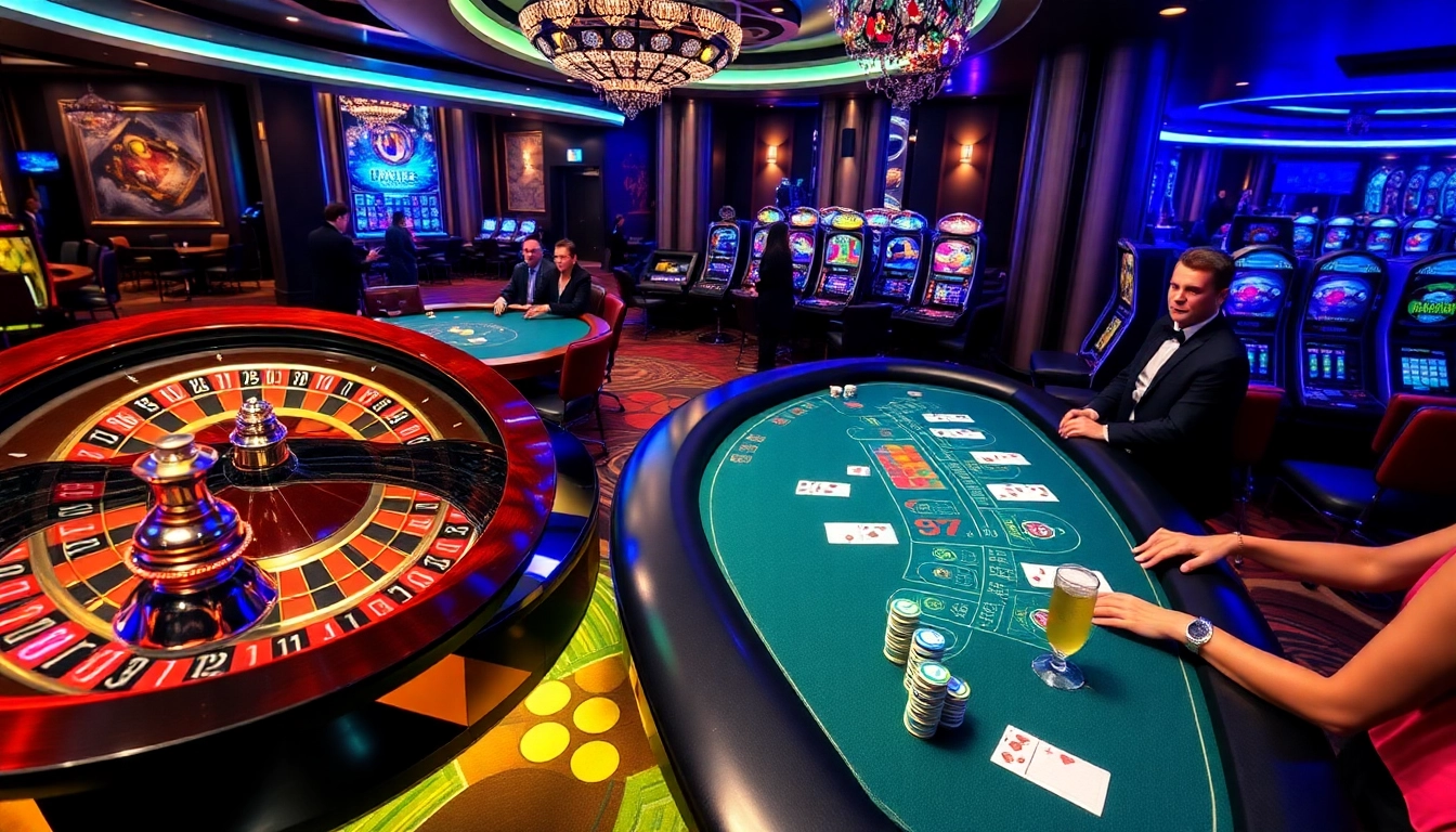 Experience the thrill of gambling at https://jun88pl.com/ with vibrant casino scenes featuring roulette wheels and poker tables.
