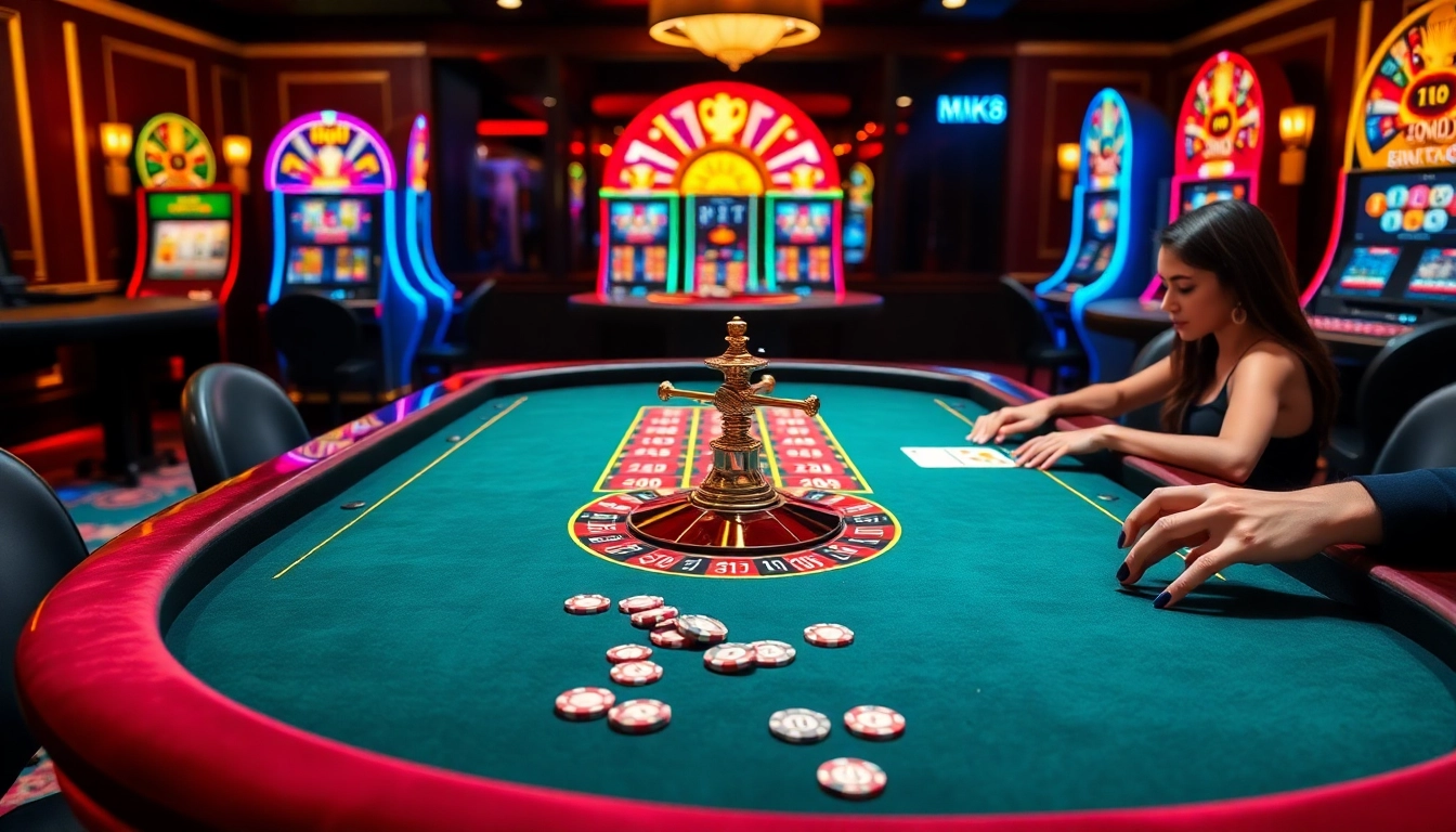 Betting on the MK8 platform, showing vibrant casino action with chips, cards, and excitement.