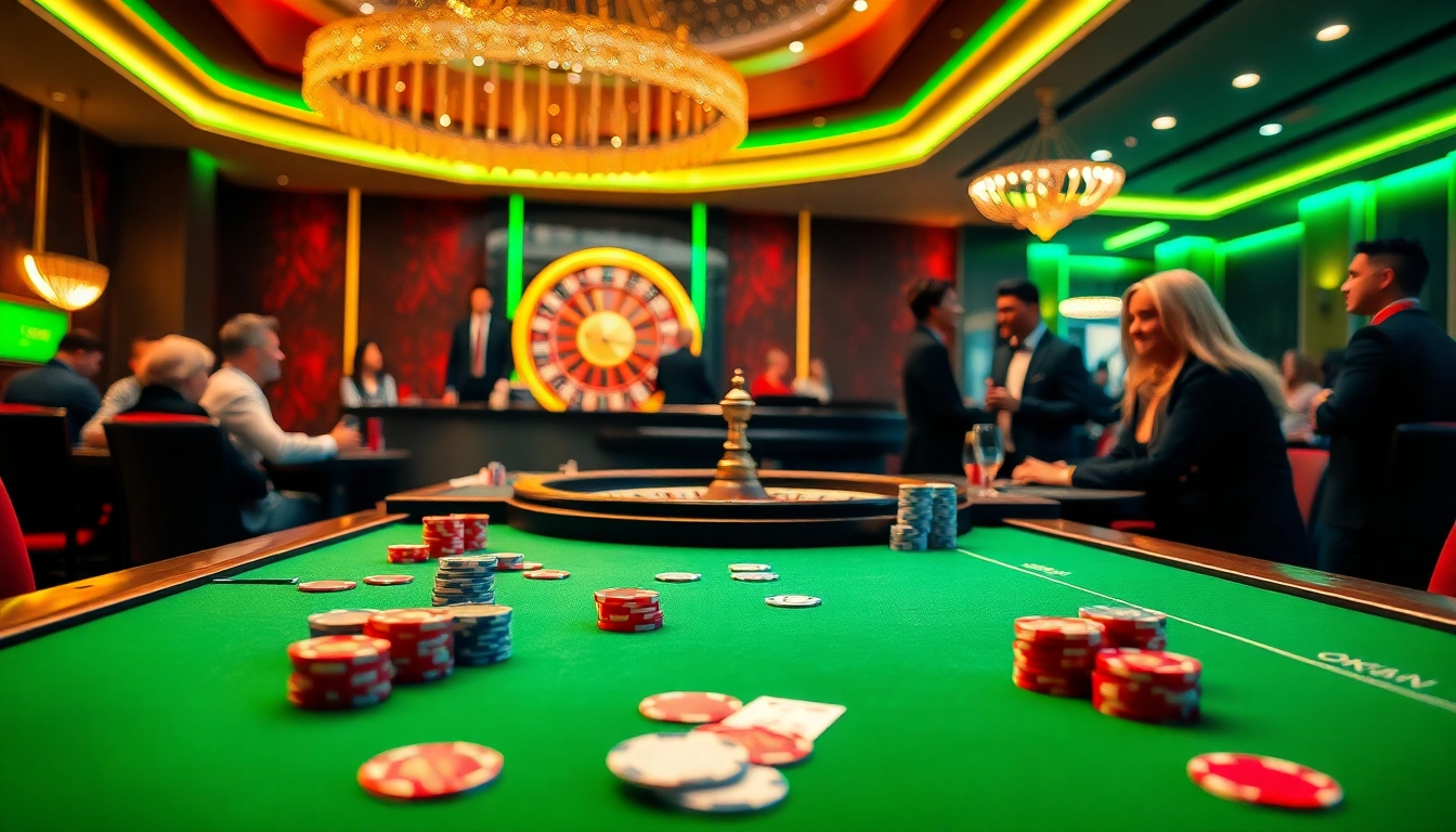 Players excitedly engage with the okfun casino games, featuring vibrant chips and roulette excitement.