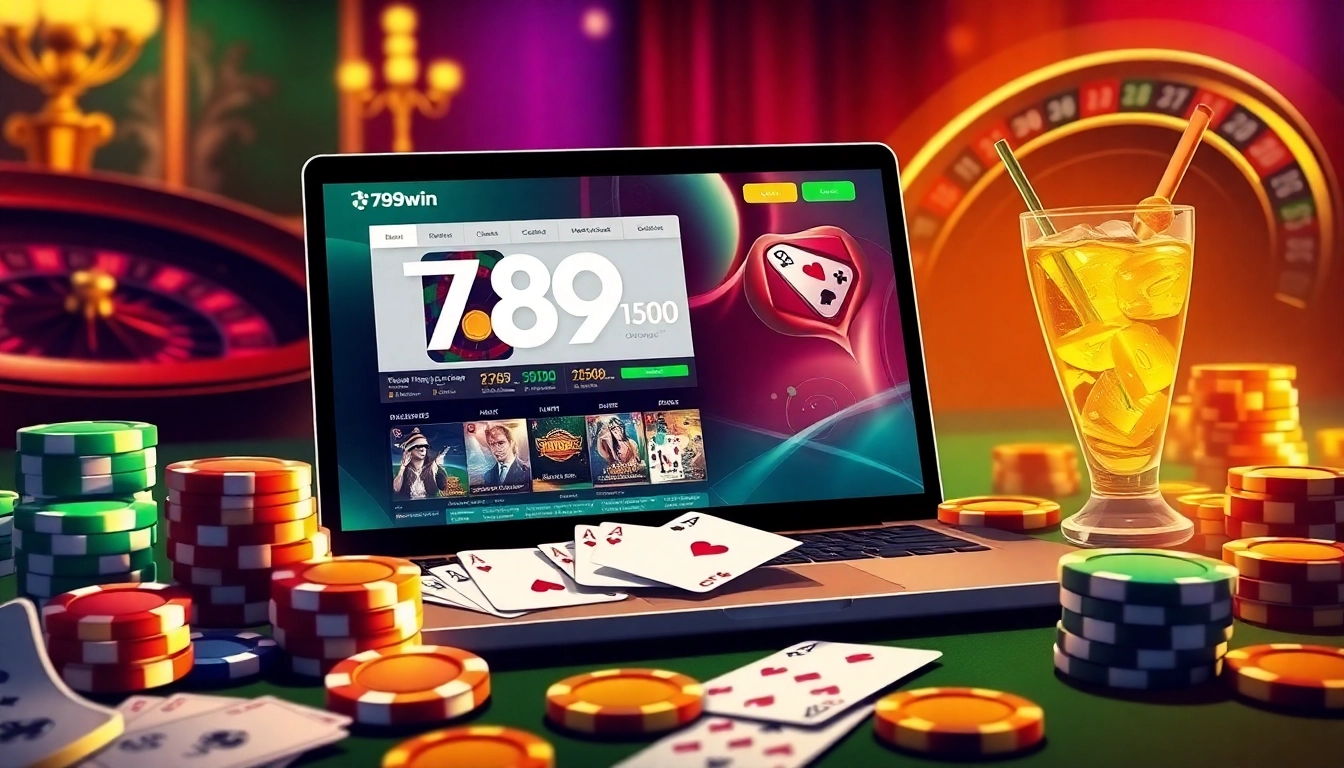 Dynamic online gambling interface featuring 789win with poker chips and cards in an exciting casino setting.