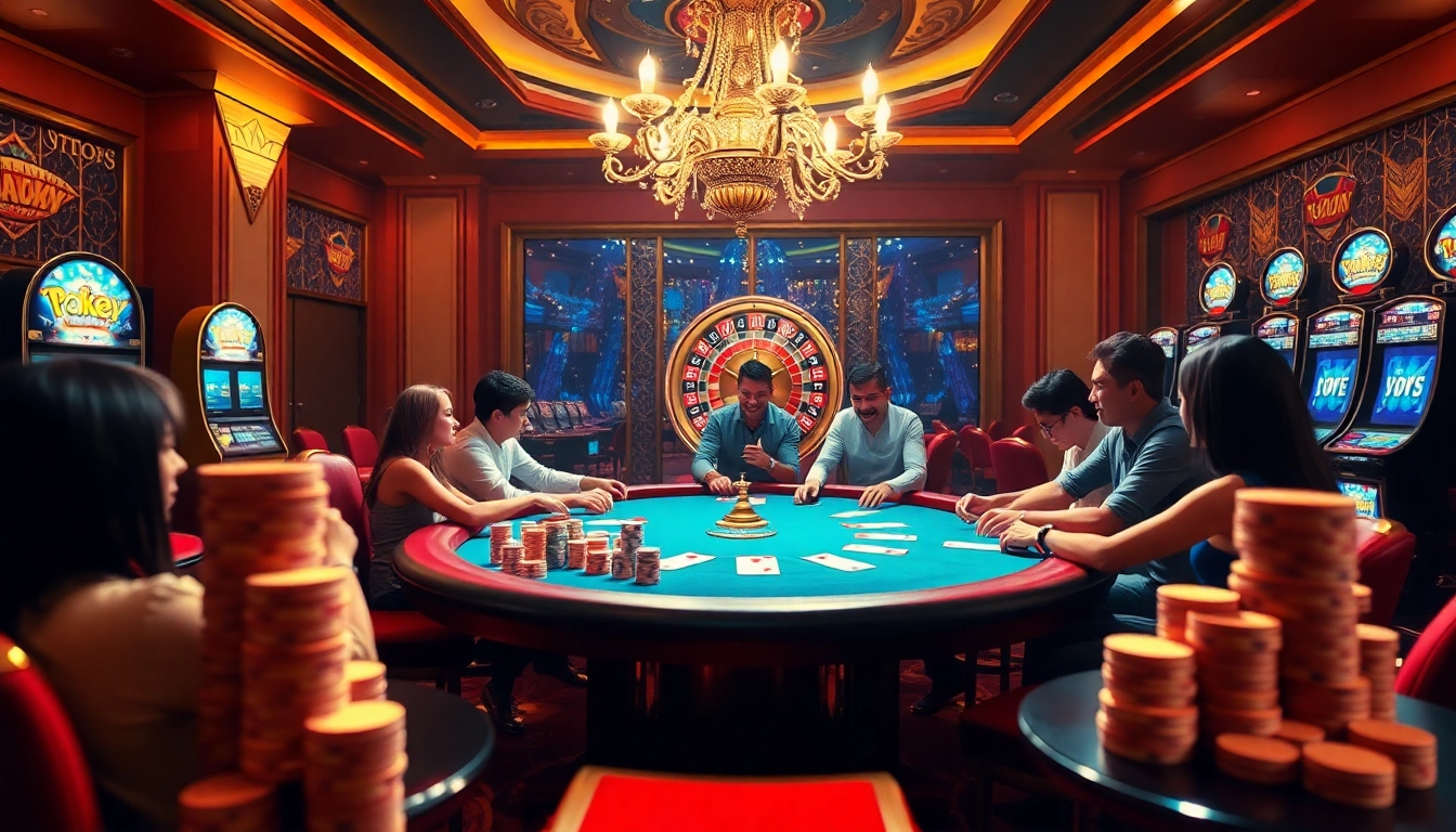 Players enjoying game bài đổi thưởng at a lively casino poker table, capturing excitement and strategic interactions.