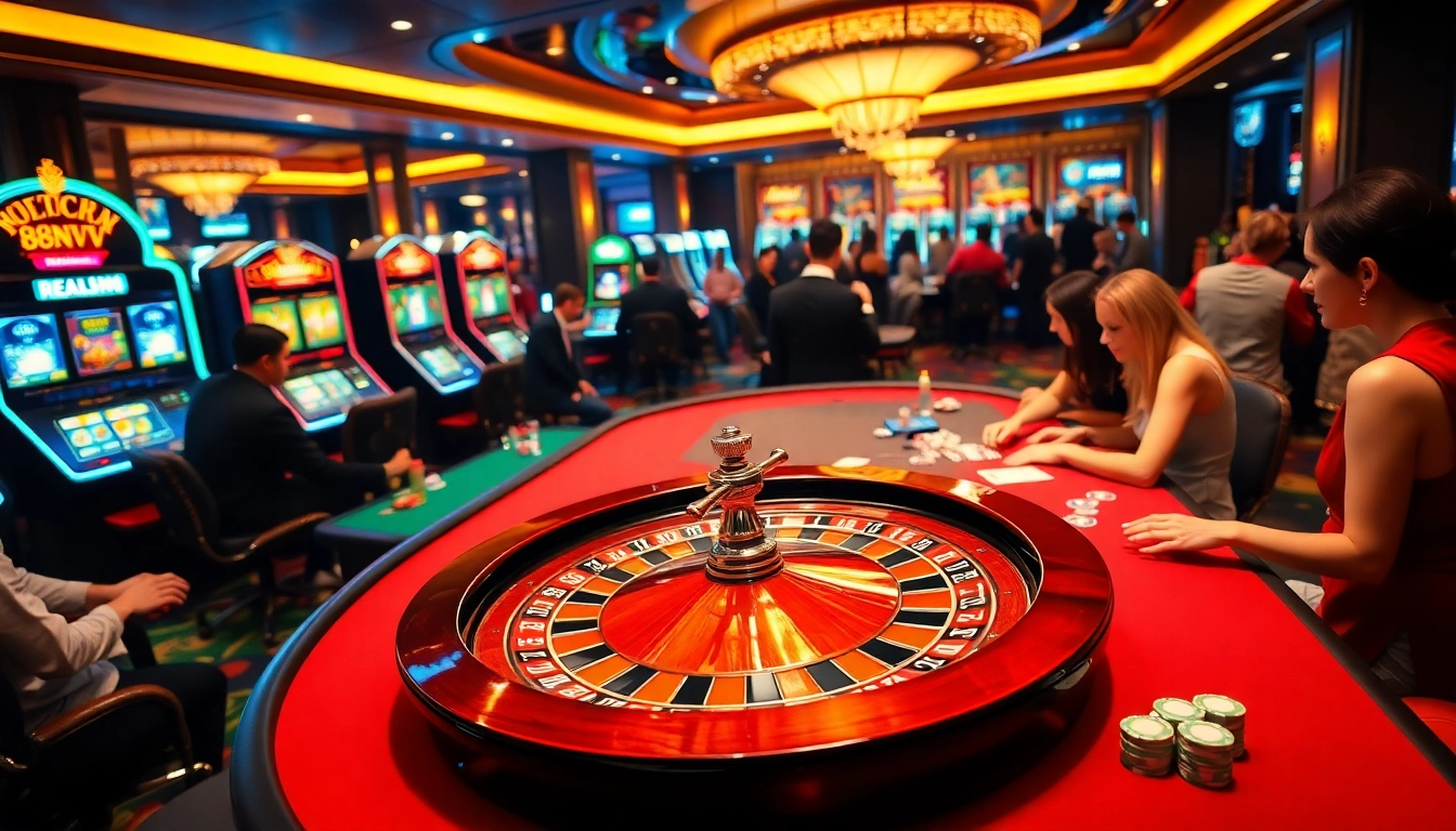 Experience thrilling gameplay at 88vv with vibrant casino tables, roulette wheels, and engaged players.