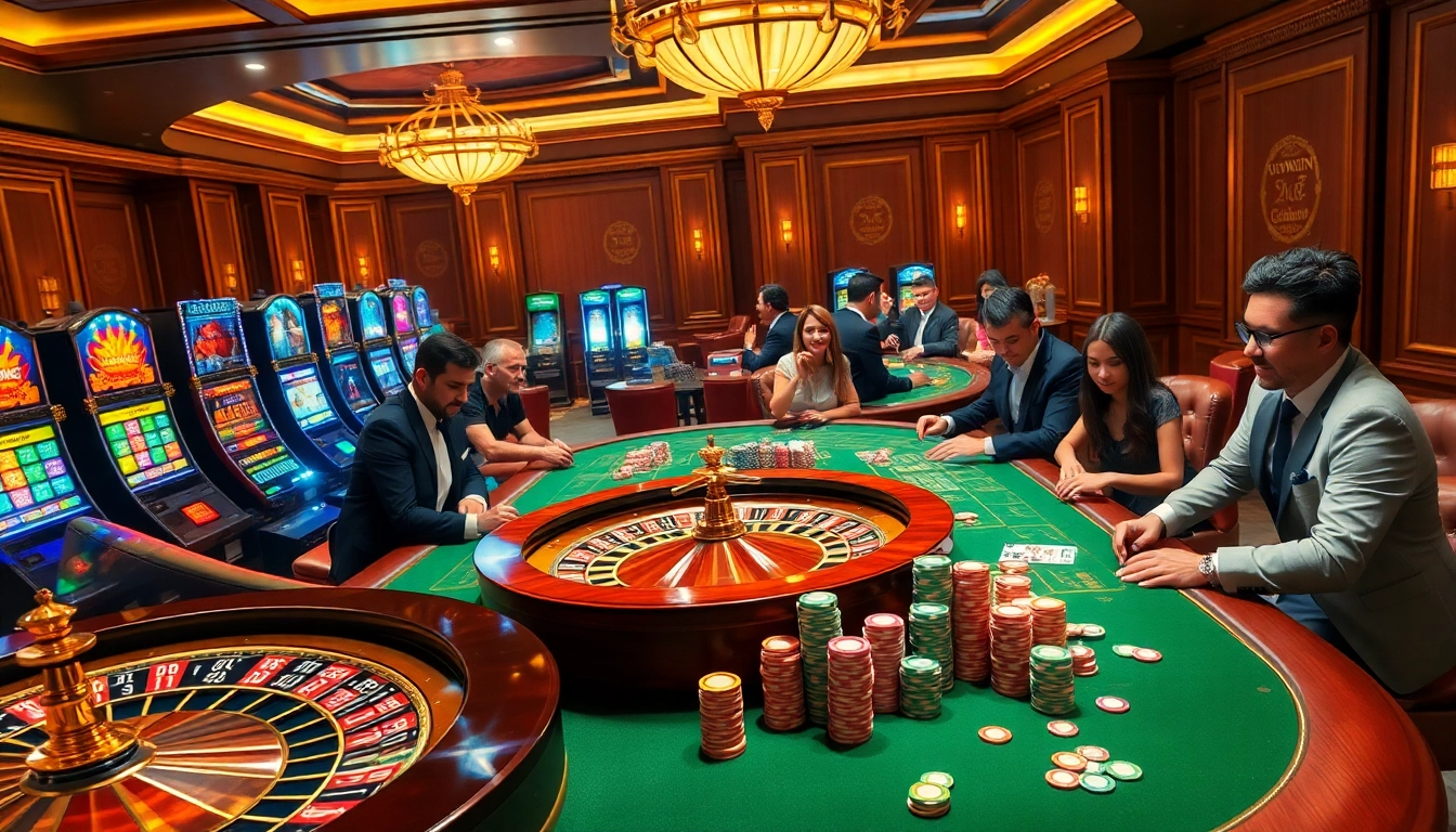 Sunwin casino scene showing players engaging with luxurious tables and vibrant slot machines.