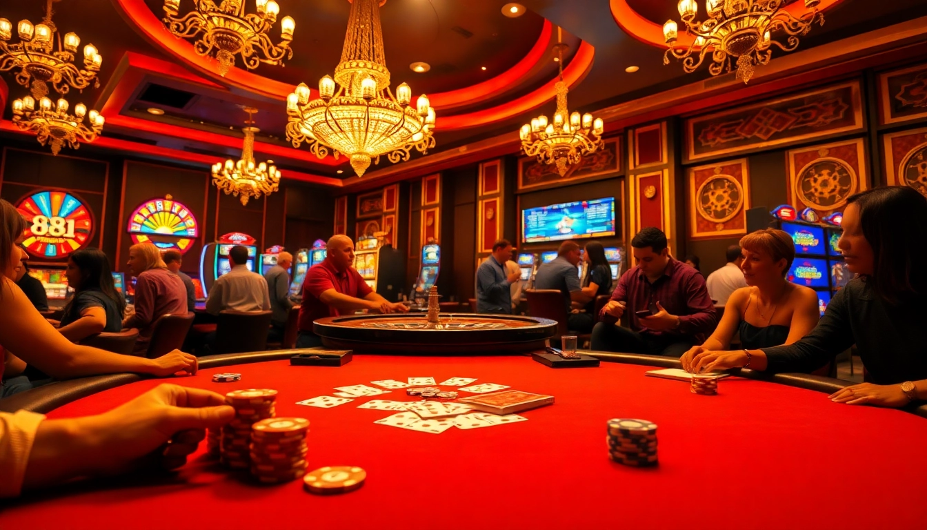Gamble with excitement at 88i in an elegant casino atmosphere filled with tables and slot machines.