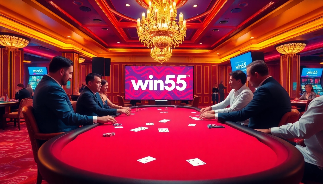 Players strategizing at a poker table with Win55 branding in a luxurious casino.