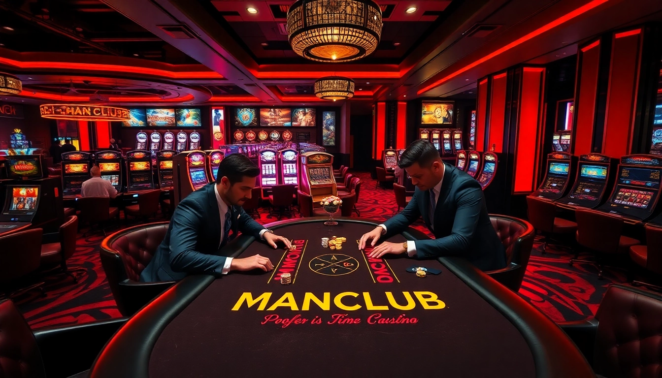 Engaged players at a MANCLUB poker table in an upscale casino, showcasing luxury and excitement.