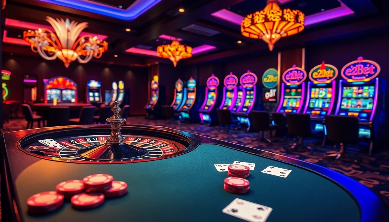 Experience the thrill of gambling at the e2bet gaming table with vibrant poker chips and exciting roulette.
