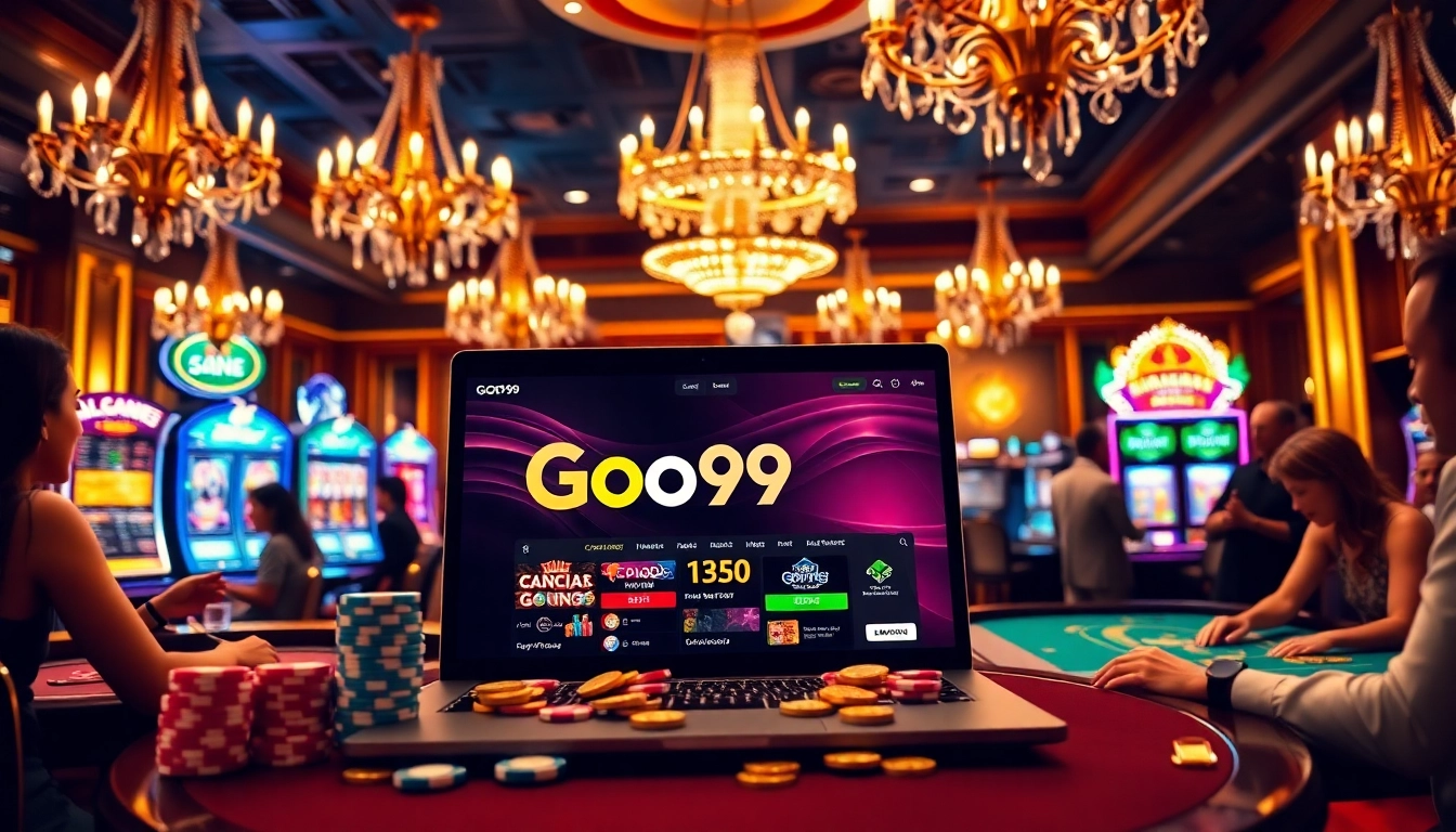 Go99 online gambling interface amidst vibrant casino elements, highlighting excitement and luxury.