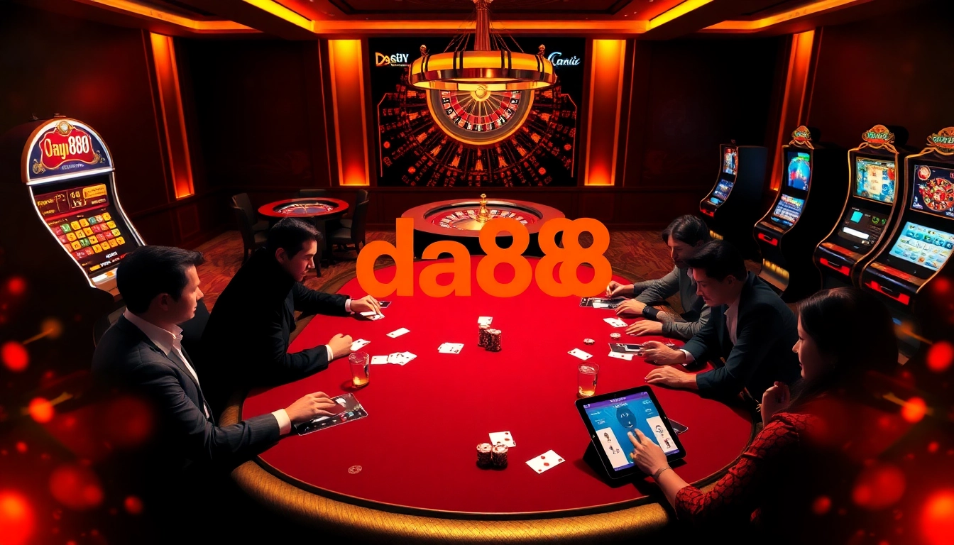 Players enjoying a high-stakes poker game at a luxurious casino with da88-themed betting slips.