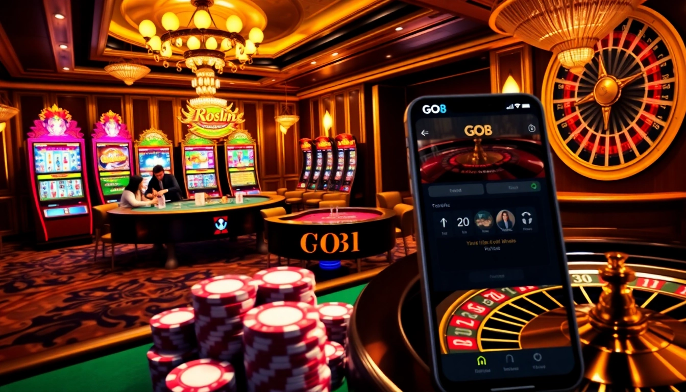 Players enjoying high-stakes games at GO8 casino, showcasing vibrant slot machines and elegant ambiance.
