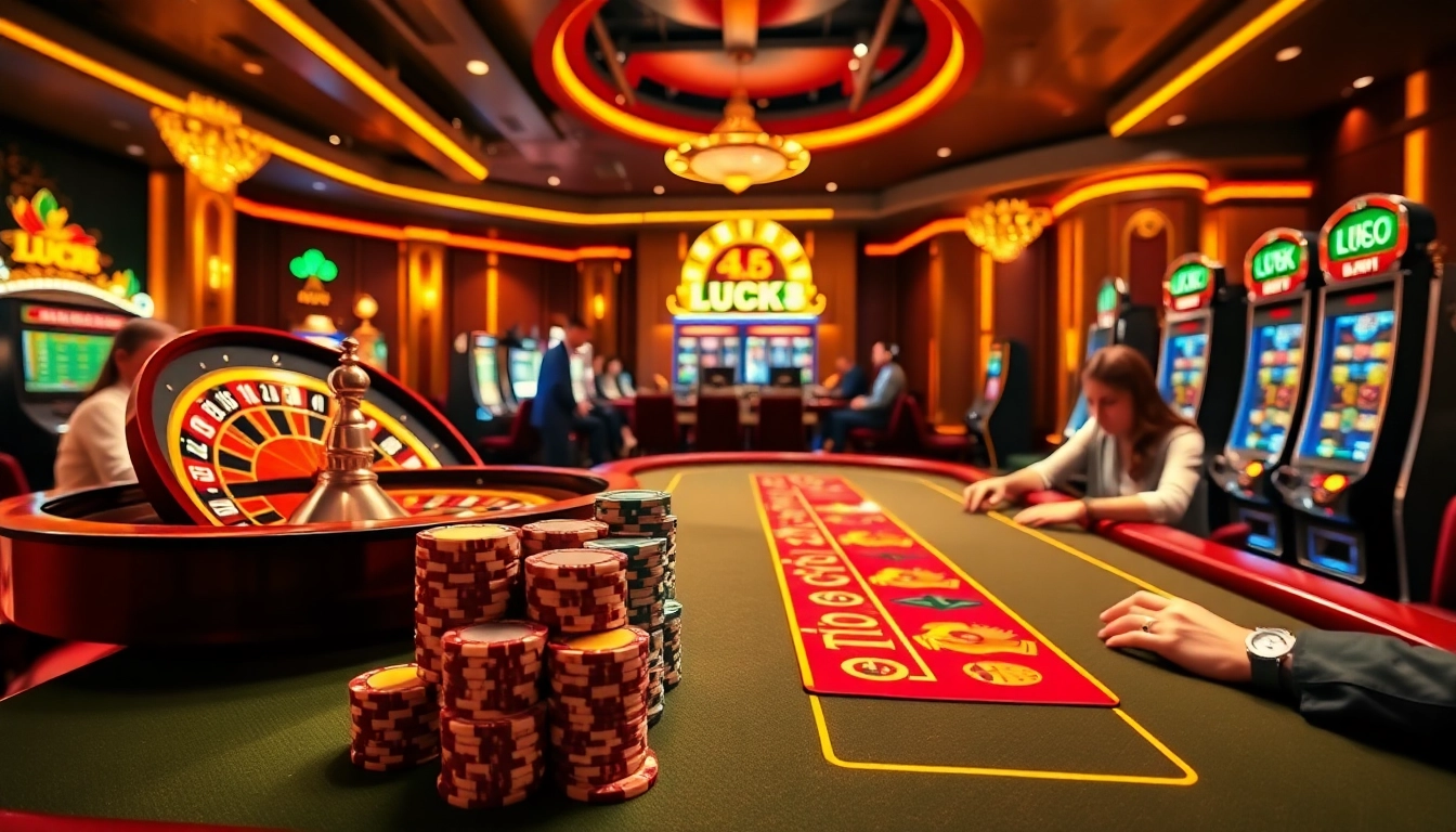 Trải nghiệm không khí hồi hộp tại LUCK8 và LUCKY8 với cảnh casino hấp dẫn có bàn poker và bánh xe roulette.