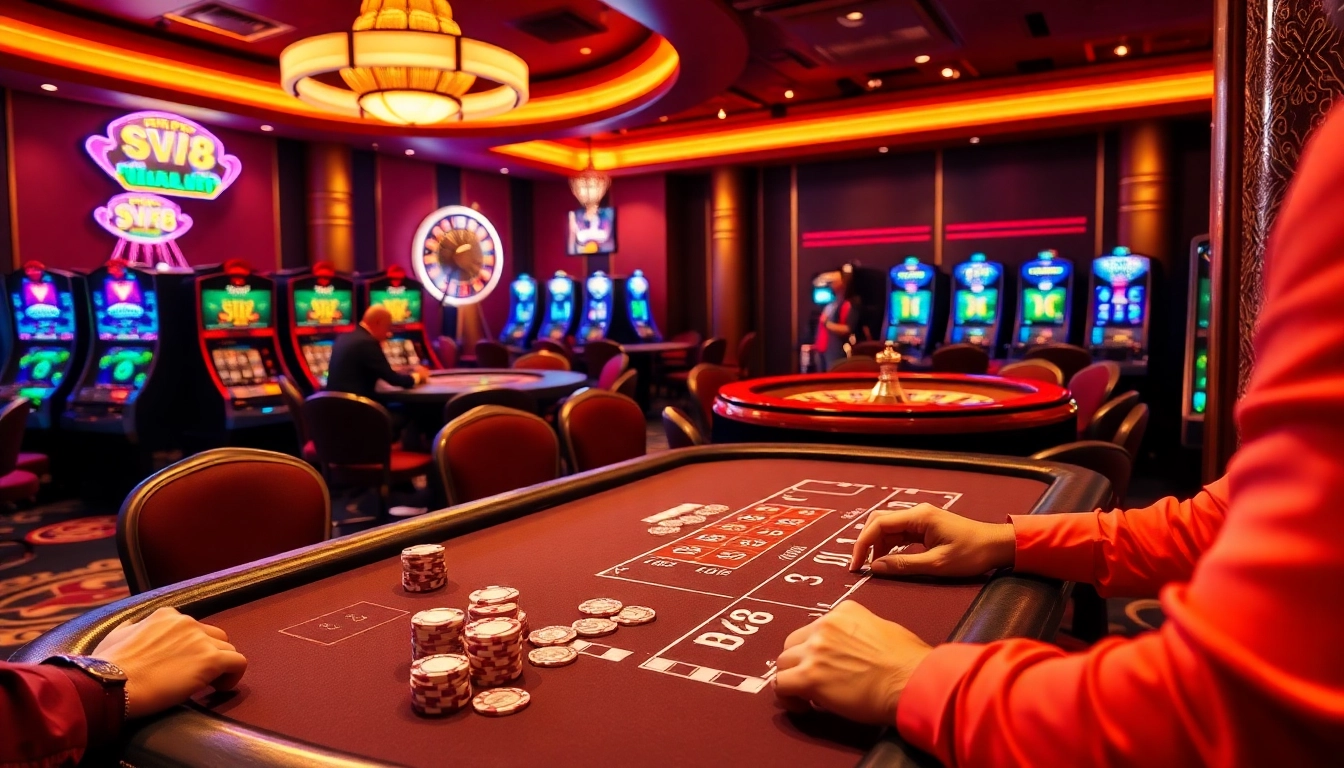 SV88 gamblers playing poker at a high-stakes table, showcasing luxury and excitement.