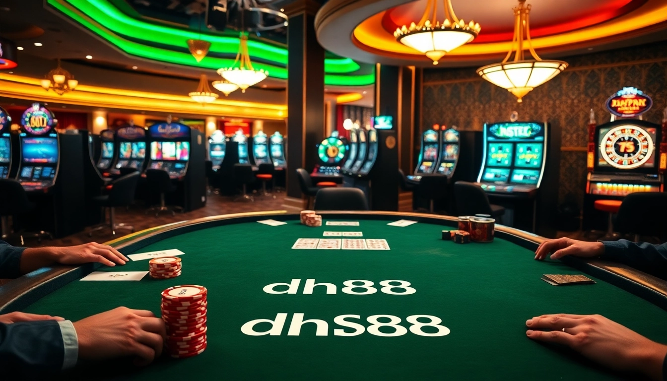Players enjoy high-stakes poker at a vibrant casino with dh88 branding on the table felt.