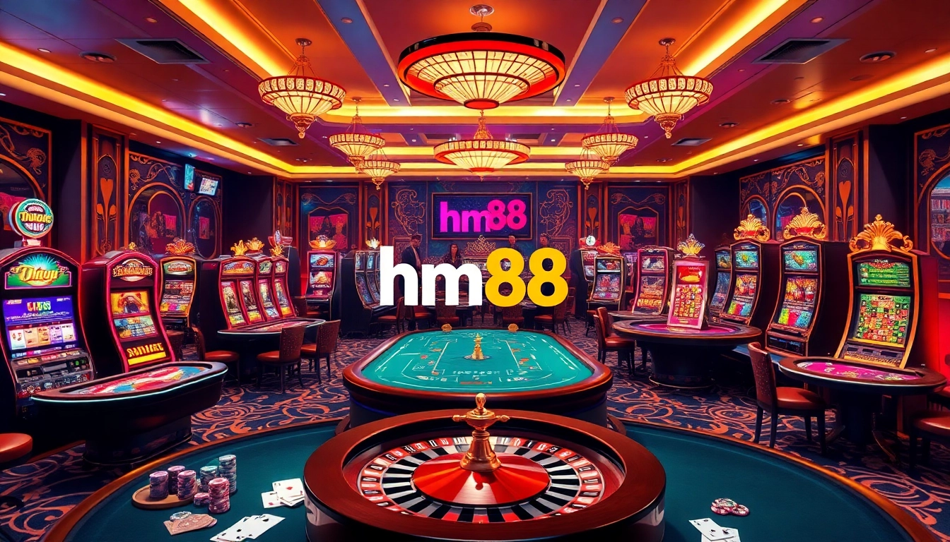 Action-packed gaming at hm88 casino featuring lively poker tables, vibrant slot machines, and roulette.