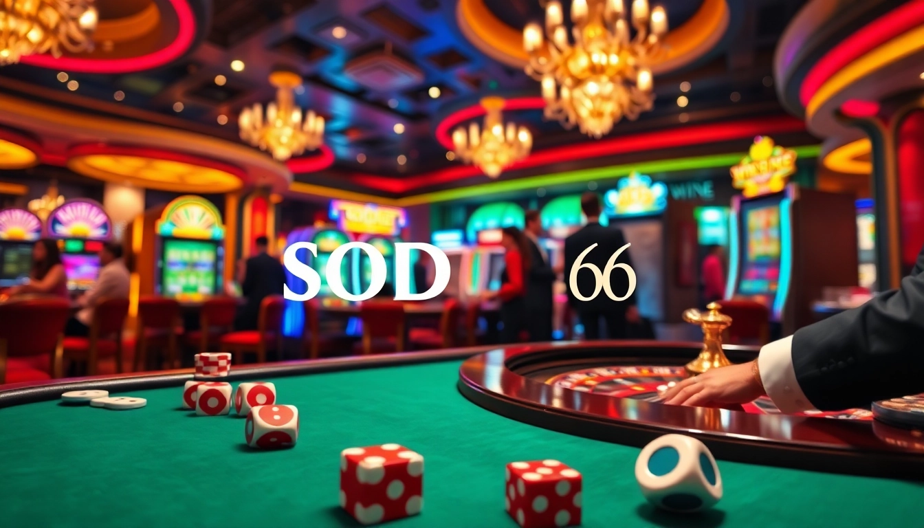 SODO66 casino scene with stylish players at high-stakes poker tables and vibrant slot machines